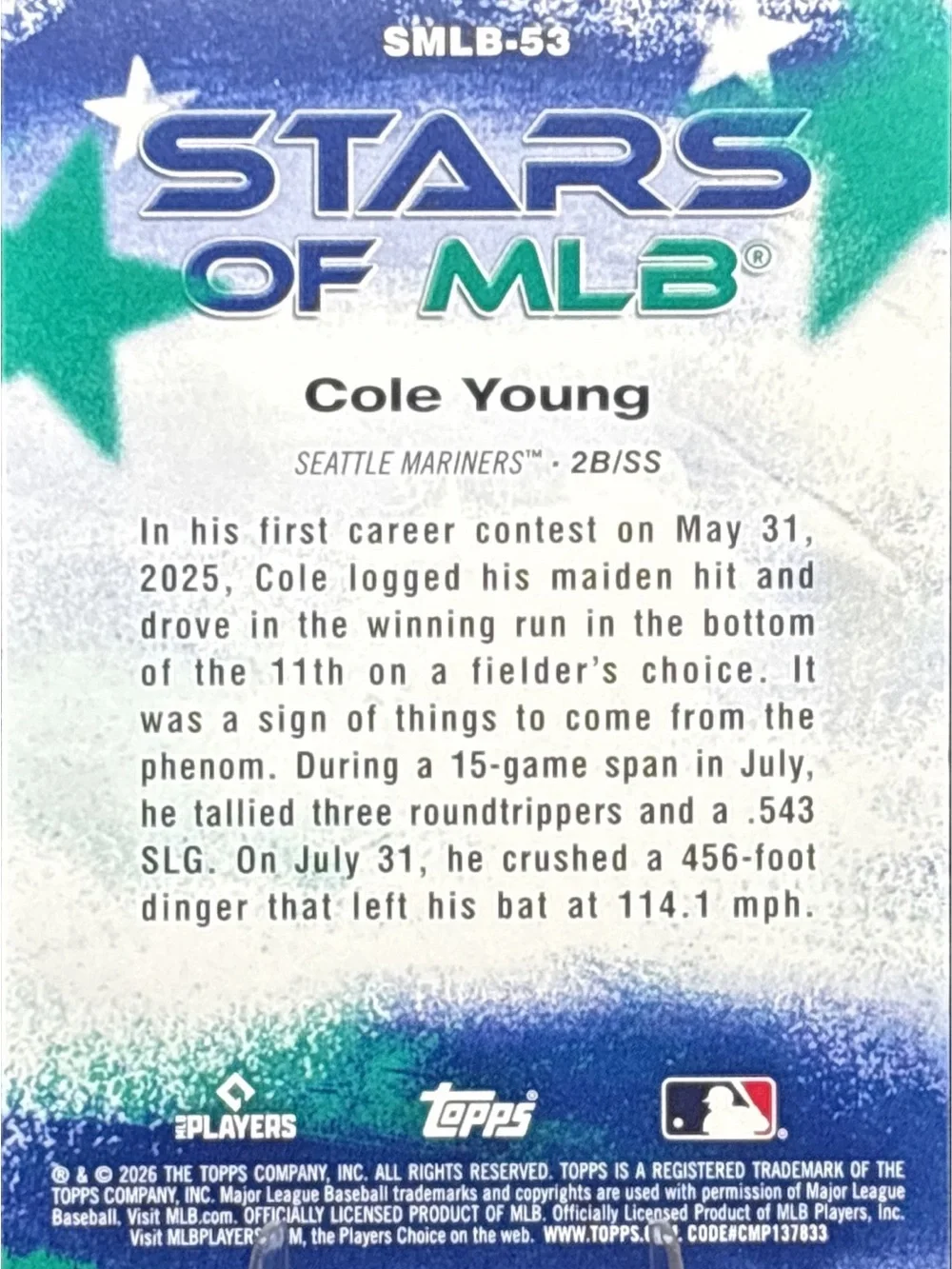 Topps Seattle Mariners Cole Young Rookie Holo  Baseball Card - Stars of MLB - Picture 2 of 2
